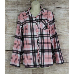 Ealey Fushi Womens Size Large XL Light Long Sleeve Plaid Button Down Shirt Pink
